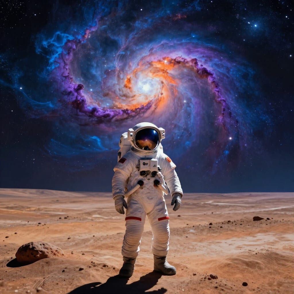 Astronaut Gazes at Vibrant Nebula on Alien Planet