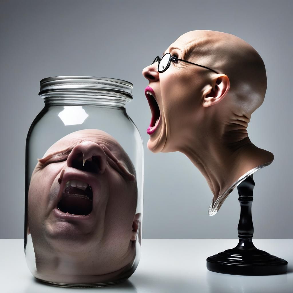 Celine Dion’s bald head screaming inside a glass jar