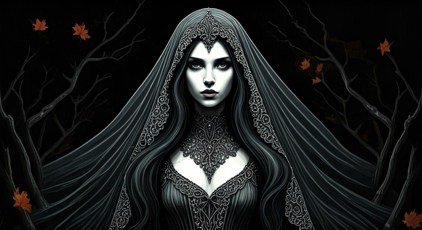Ethereal Gothic Girl in Single-Line Halloween Art