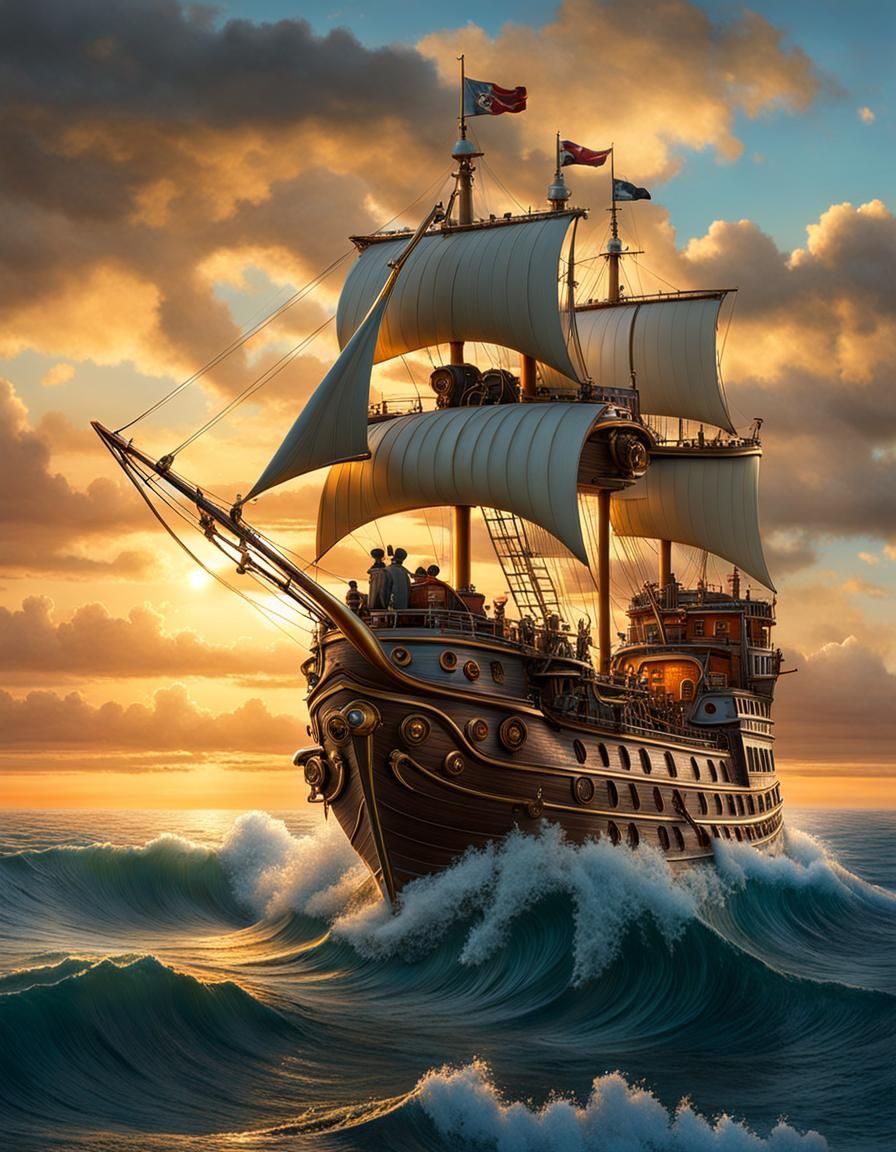Steampunk Fantasy Ship at Sunset: Hyperrealistic Surrealism