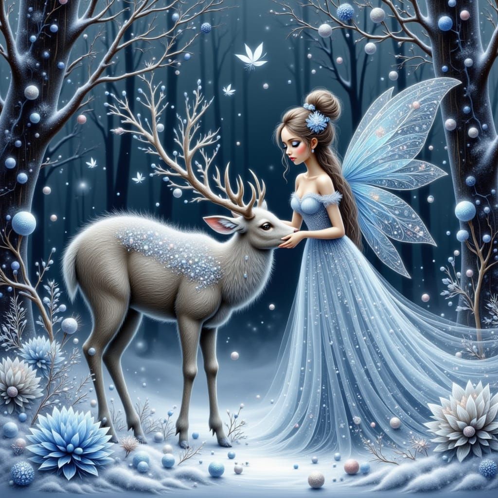 Whimsical Fairy in Snowy Forest Petting a Deer