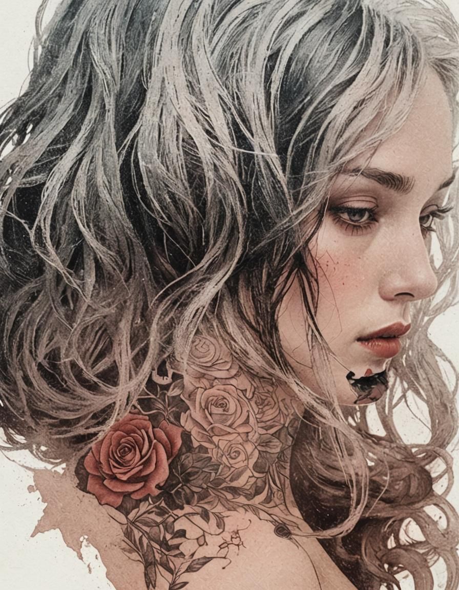 Surreal Tattooed Woman in Vintage Print Style