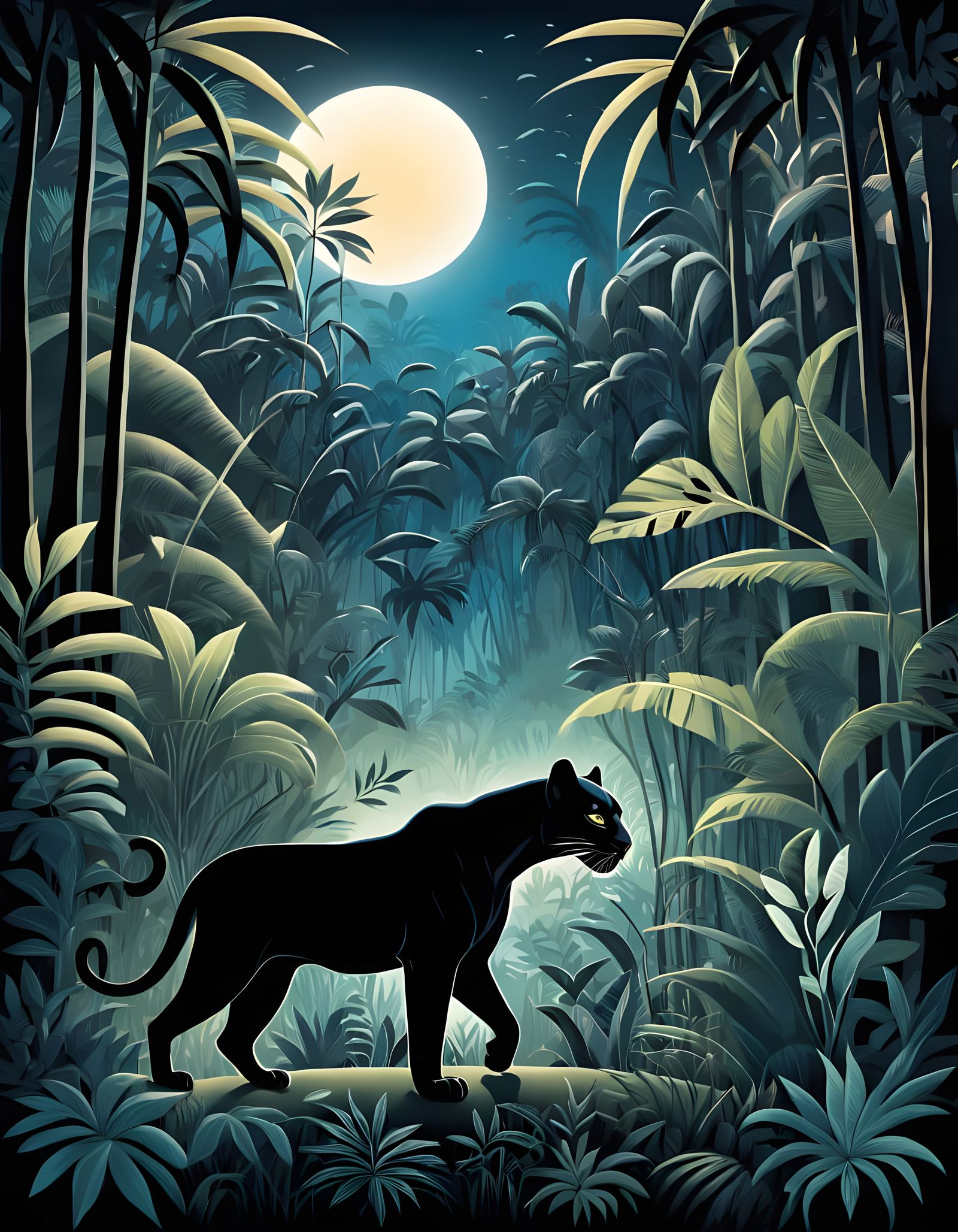 Surreal Tropical Jungle Panorama in Cyberpunk Outline Style