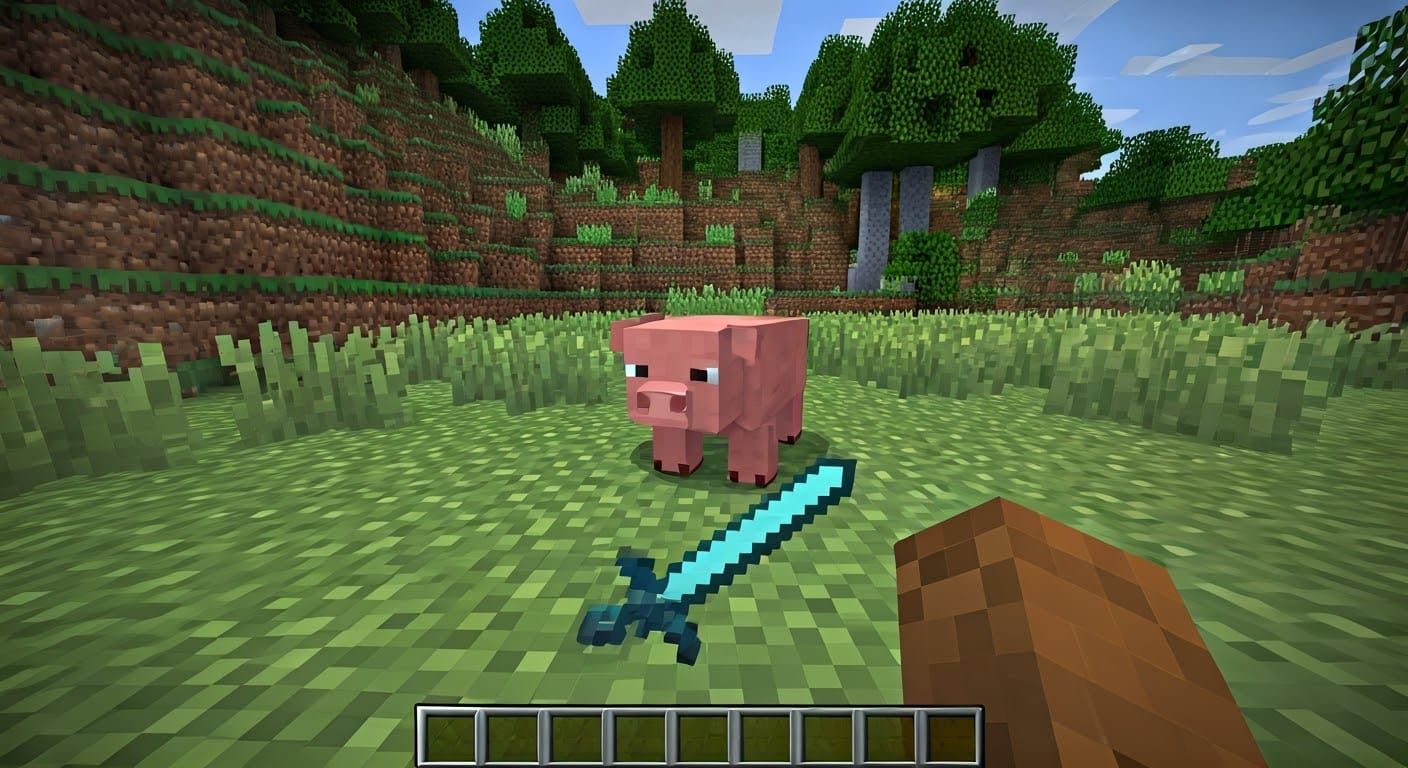 Minecraft Gameplay Screenshot with Pig and Wooden Sword
