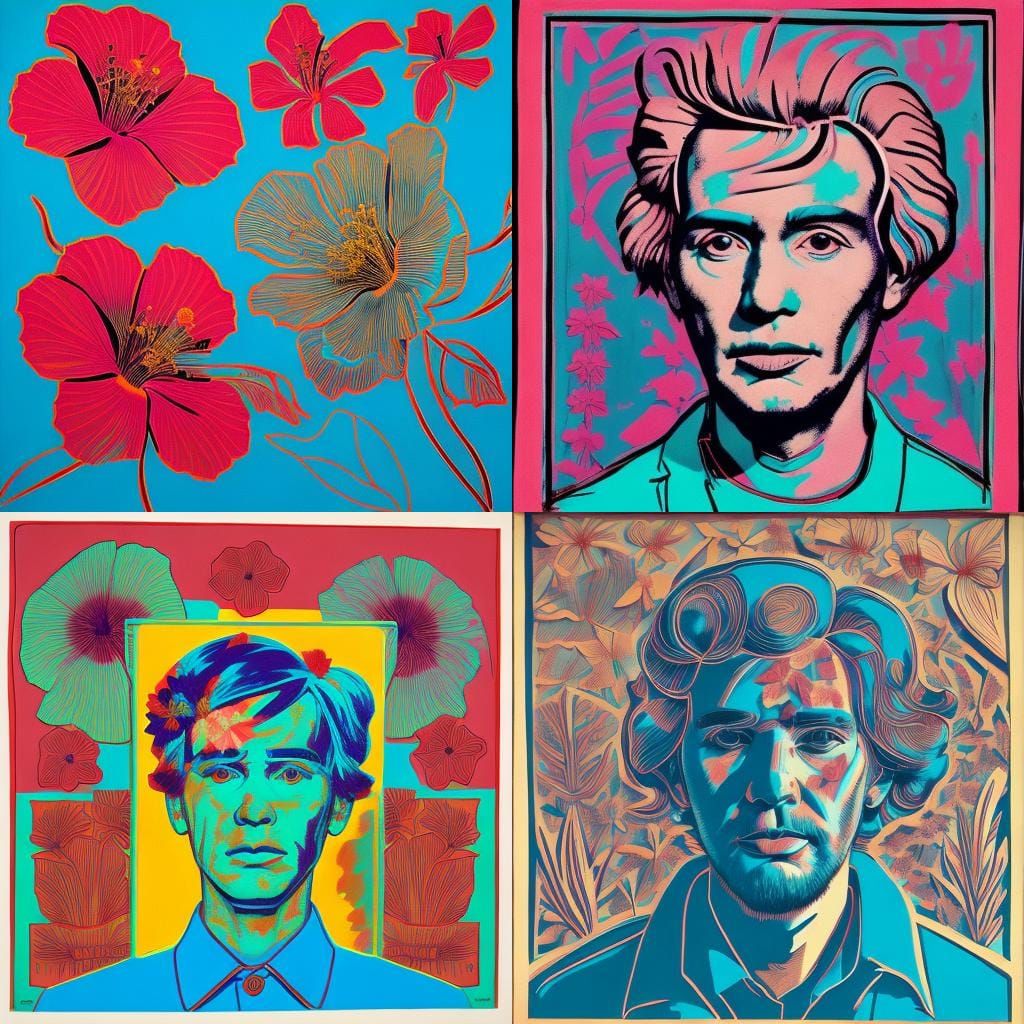 Self-Portrait: Andy Warhol, Glowing Lines, Gouache, Hibiscus...