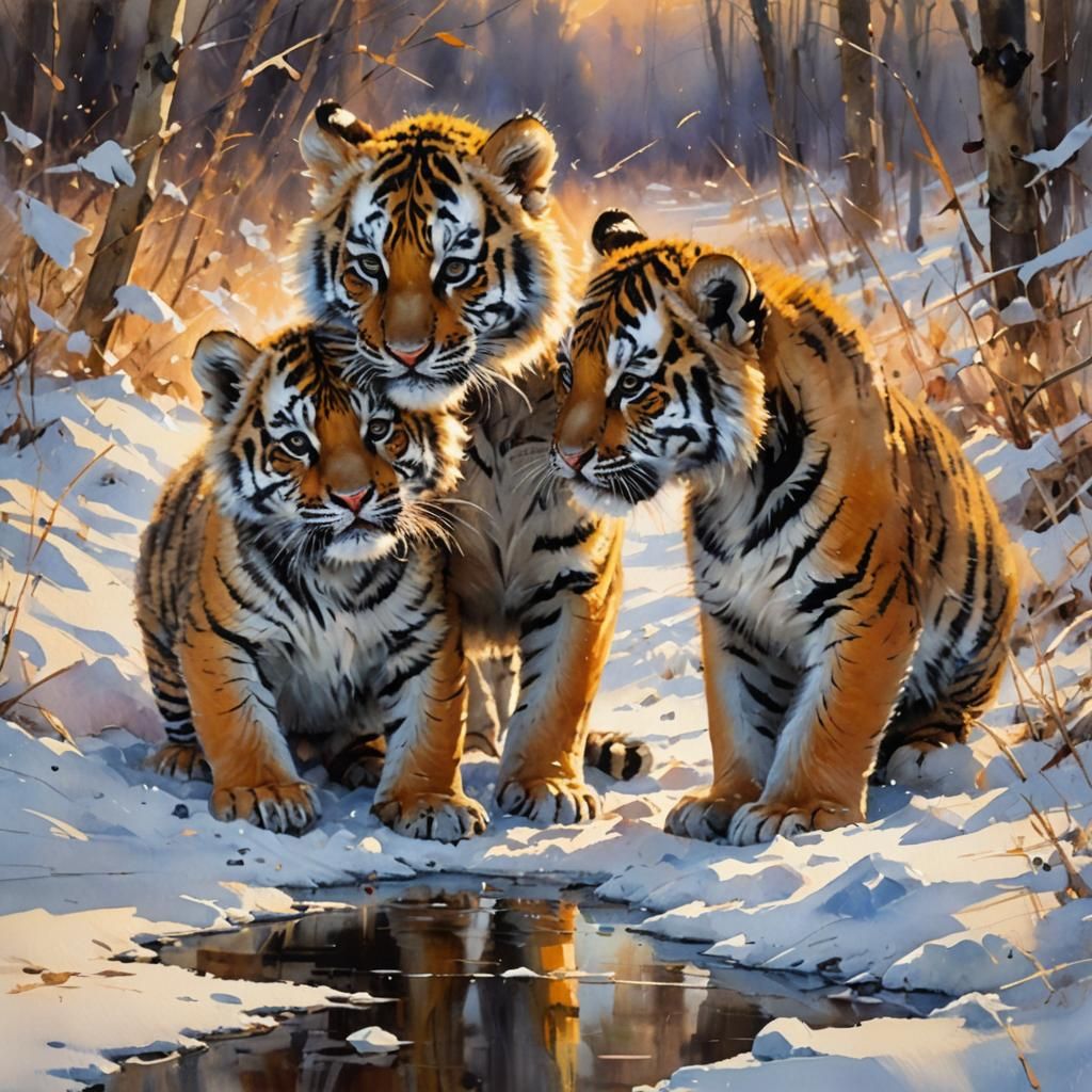 Siberian Tiger Cubs Playing: Soft Watercolor Sunset