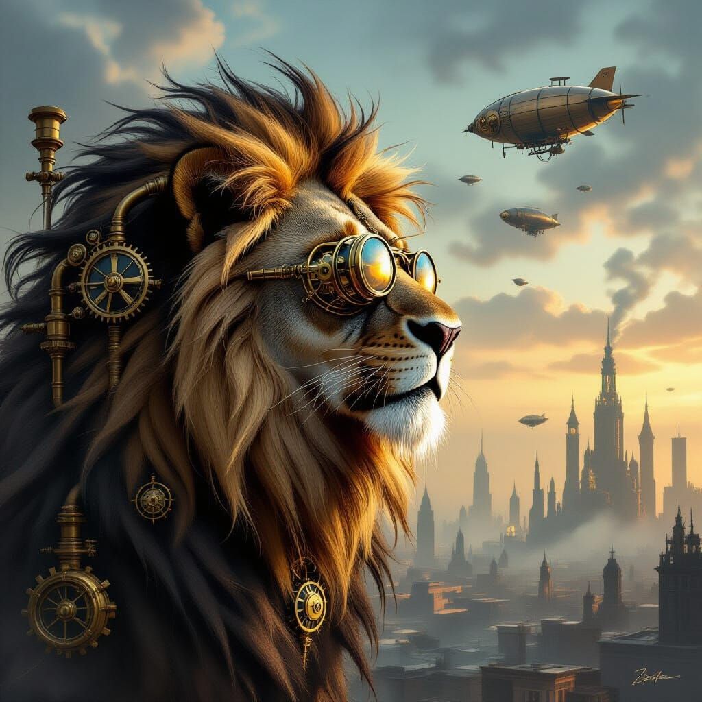 Steampunk Lion with Clockwork Mane Surveys Smoggy Cityscape