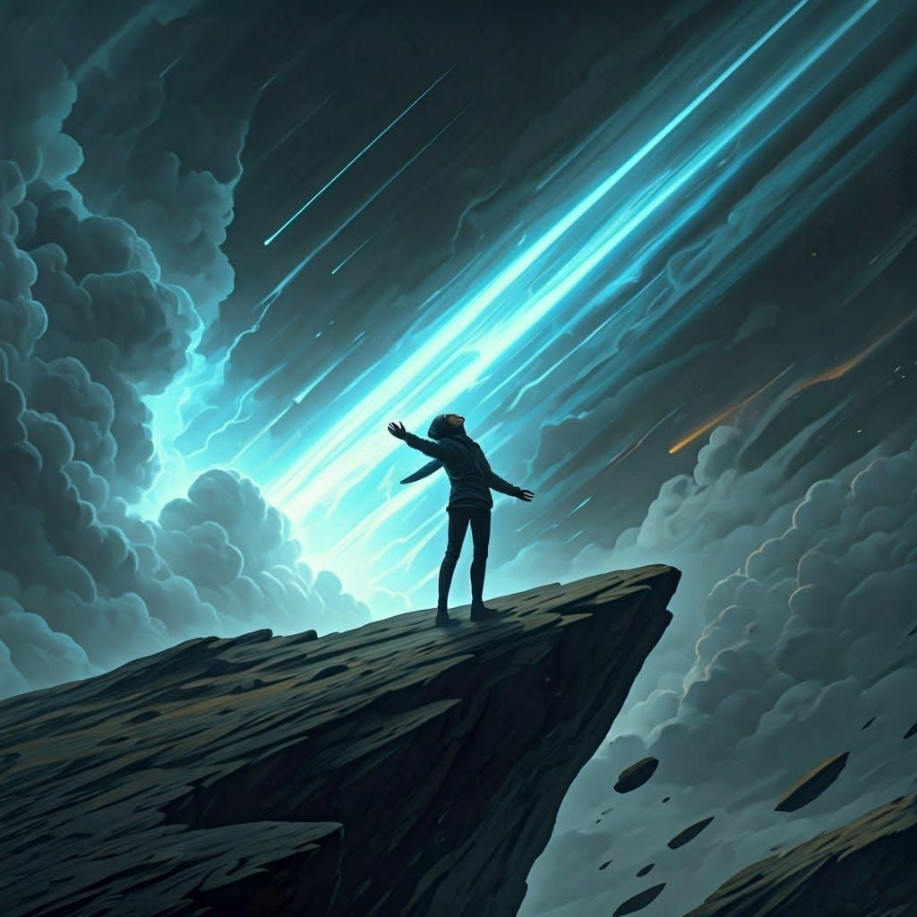 Windswept Figure Embraces Turbulent Sky