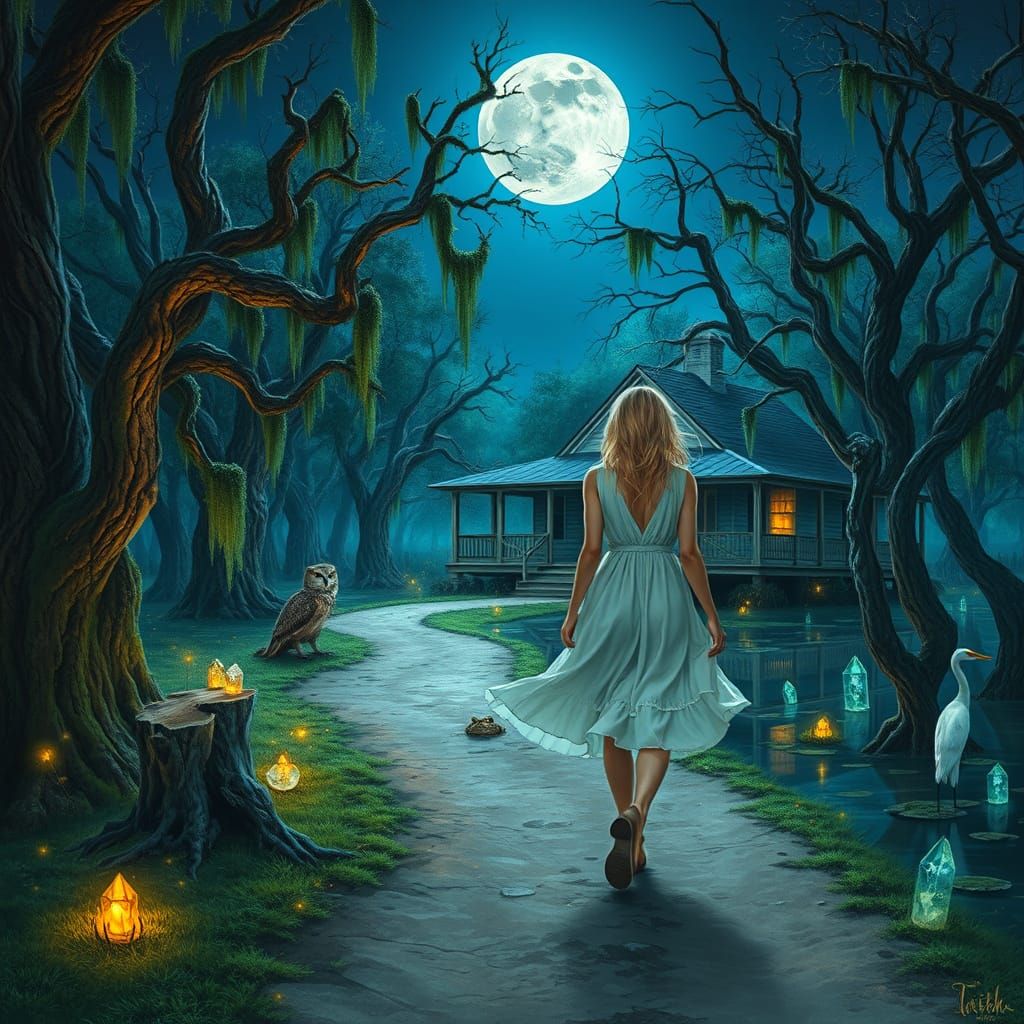 Mystical Swamp Sorceress Under Blue Moonlight