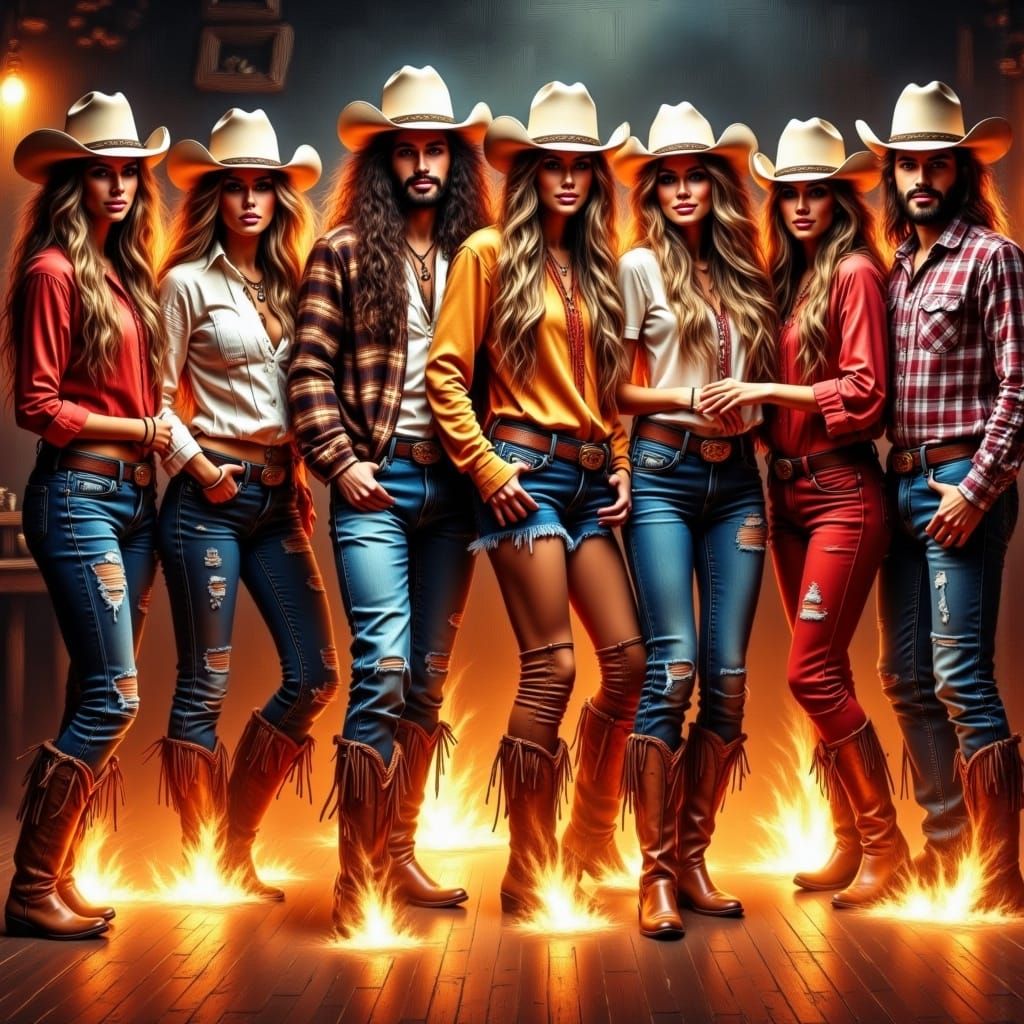 Ladies Dancing Amidst Fiery Rhythms in a Futuristic Honky-To...