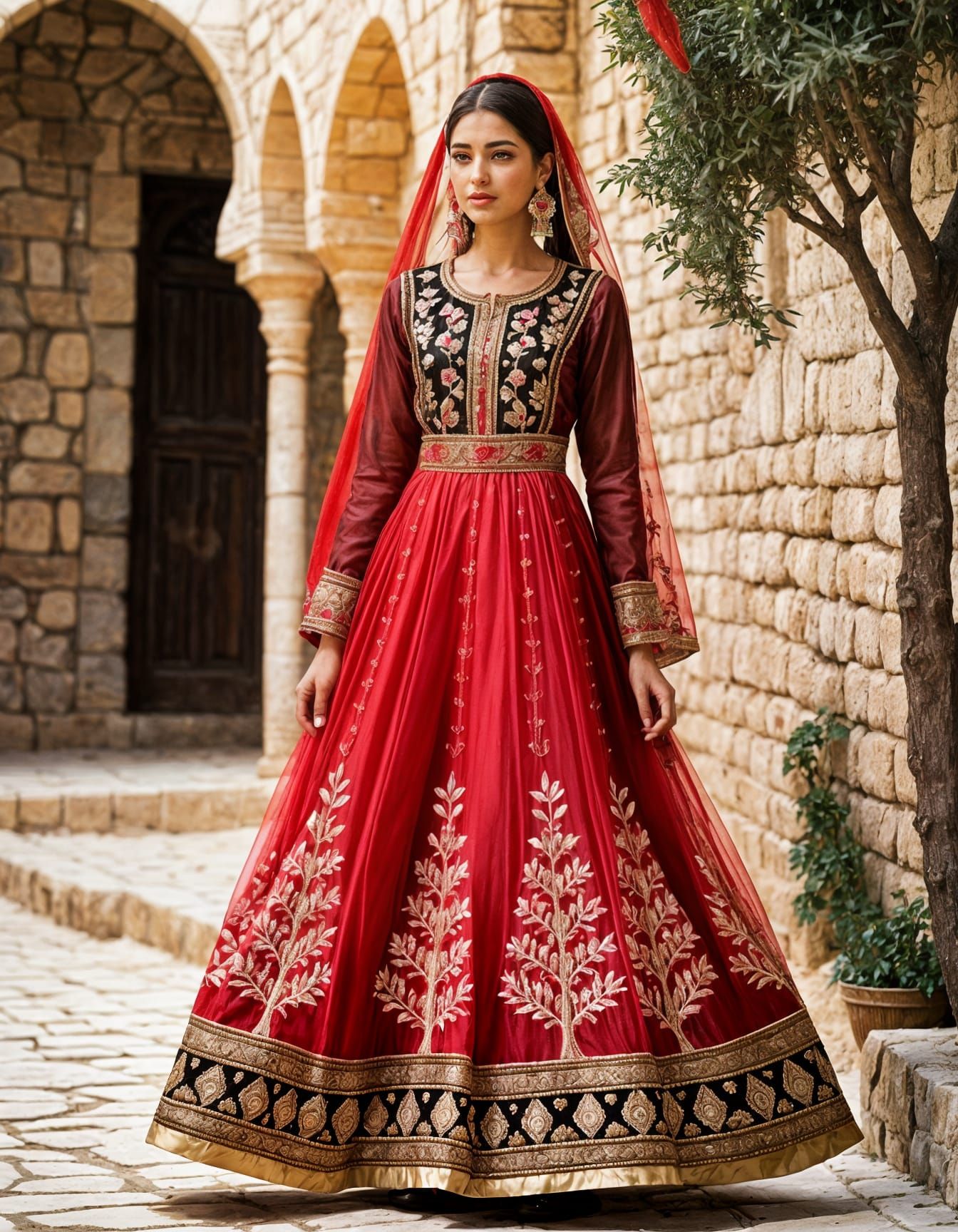 Palestinian Woman in Bethlehem Festive Dress with Tulle