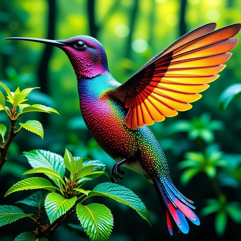 Vibrant Hummingbird Amidst Lush Foliage in Murakami Style