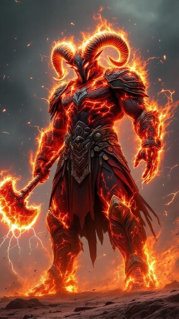 Elemental Fire God Wielding Hammer and Scythe