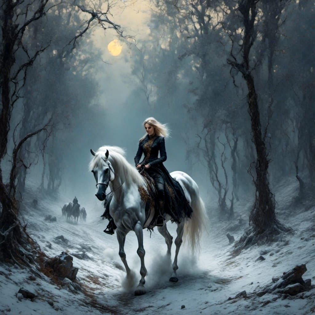 Female riding horse - snow in forest.
