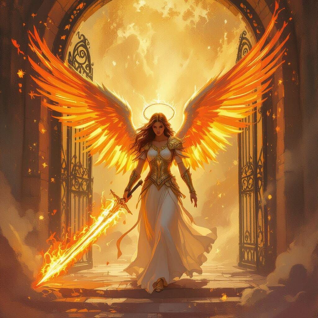 Angel with Flaming Sword Guards Celestial Gate in Impression...