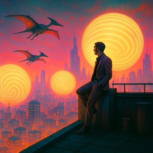 Surreal Cityscape with Flying Vehicles