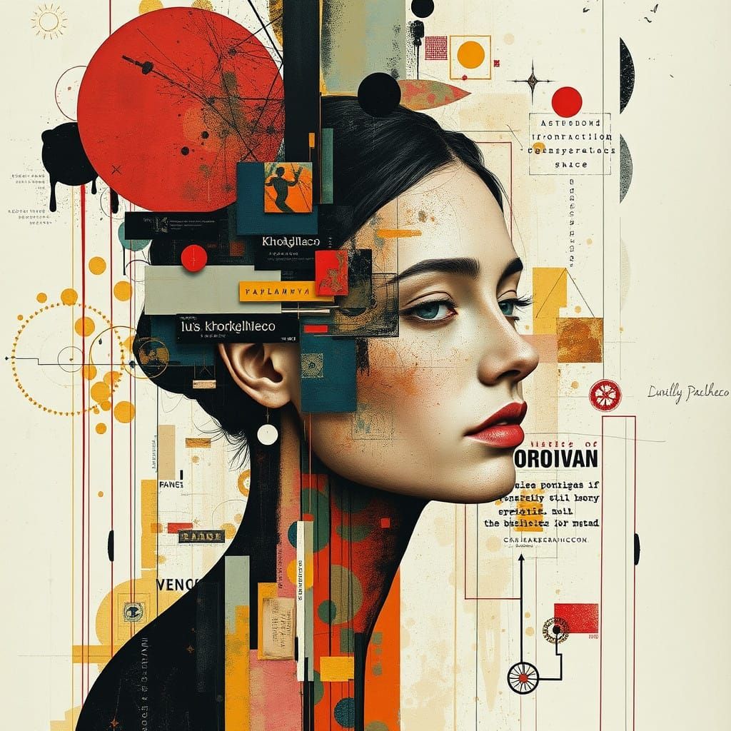 Woman in Cyberpunk Collage with Russian Motifs
