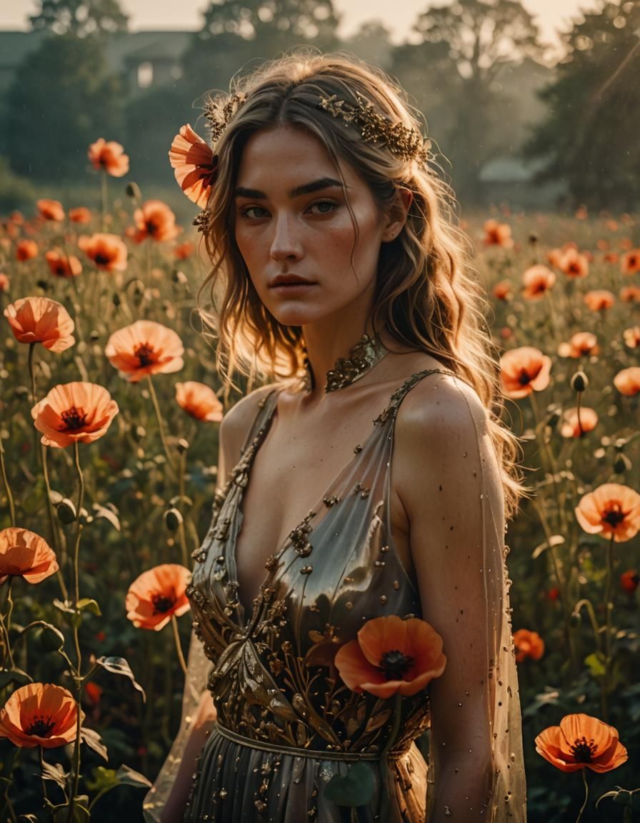 Opium Poppy Adorned Model in Golden Light