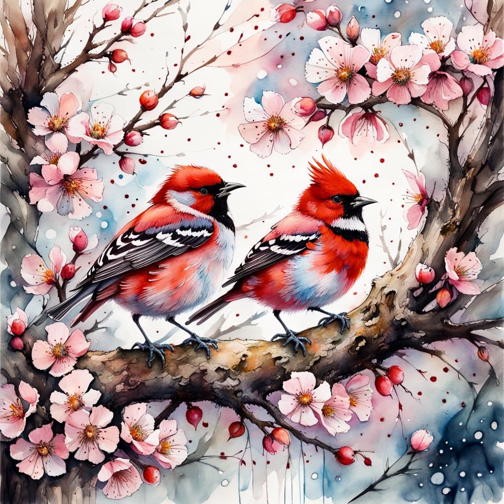 Red Warblers in Cherry Blossom Tree, Watercolor Art
