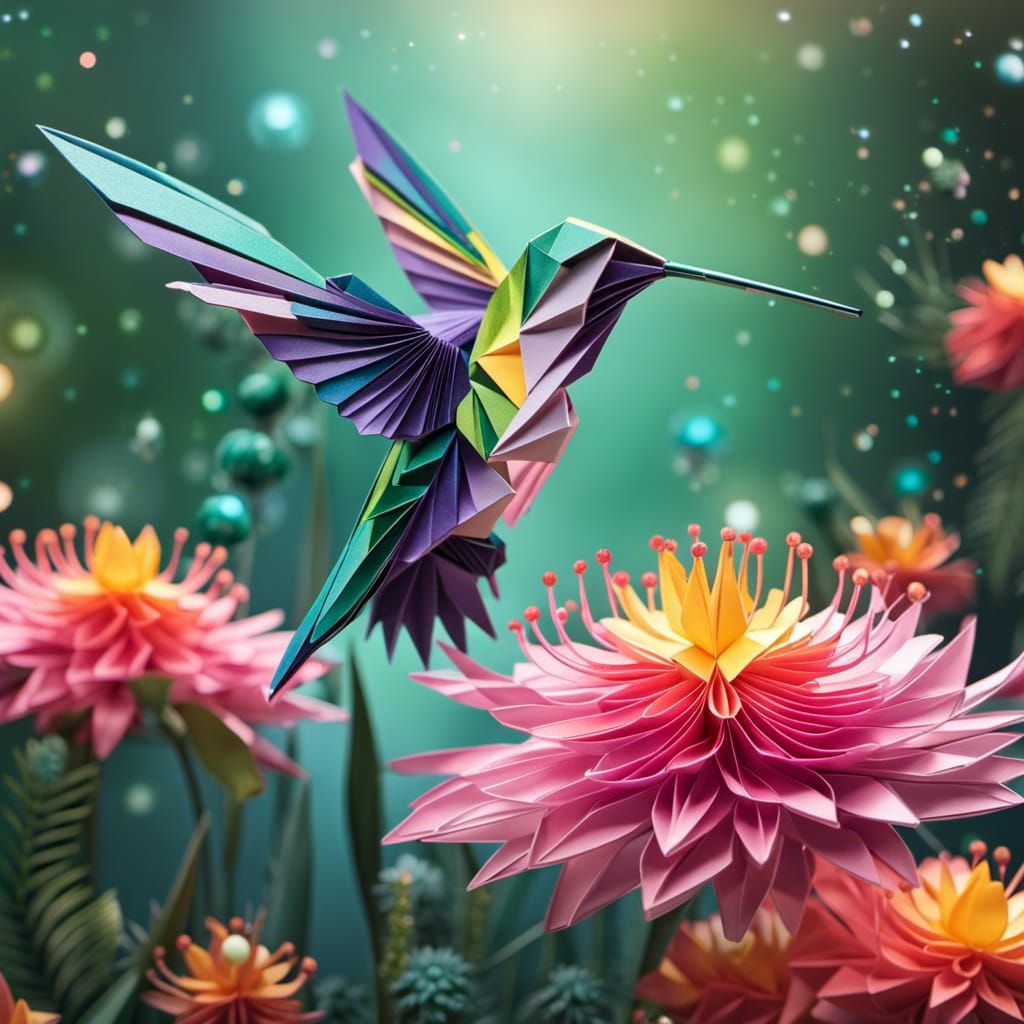 Intricate Origami Hummingbird with Glittery Flowers