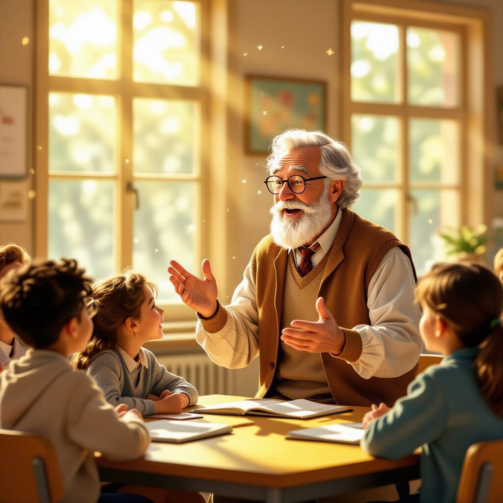 Wise Teacher Inspires Students in Sunlit Classroom
