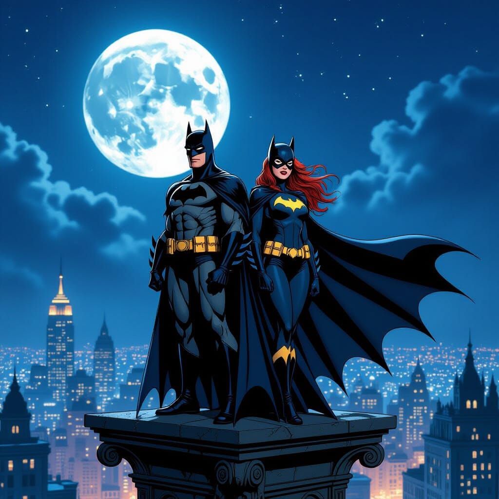 Batman and Batgirl Overlooking Gotham in Comic Style