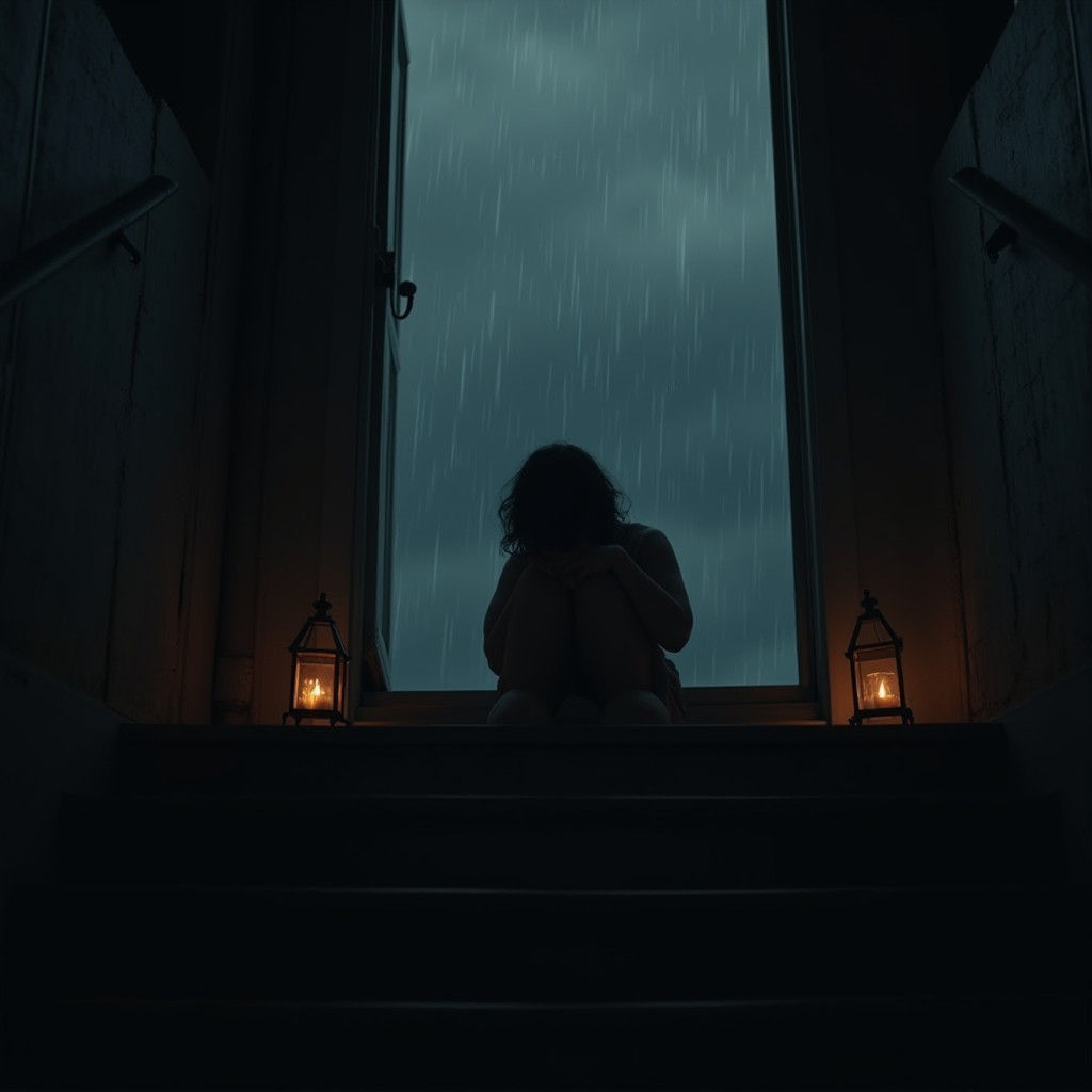 Melancholic Girl in Rainy Night Scene