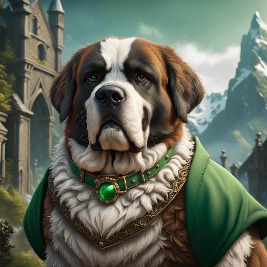 Saint Bernard with Green Collar in Detailed Painting