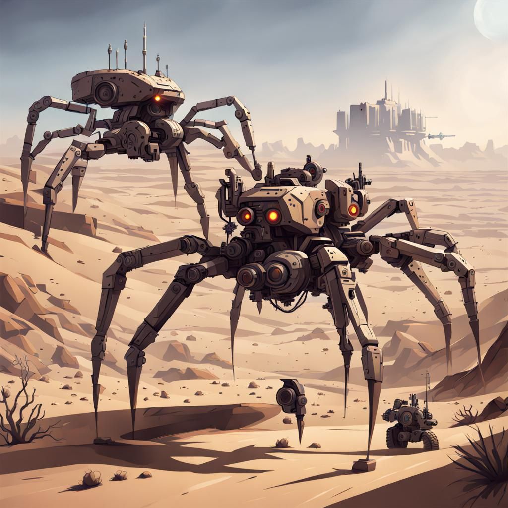 Mechanical Spiders with Guns in Desert Landscape