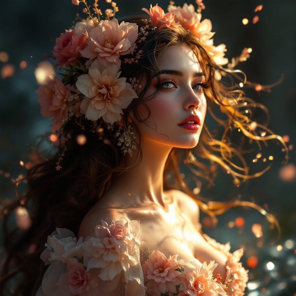 Woman in Flowery Dress, Hyperdetailed Portrait