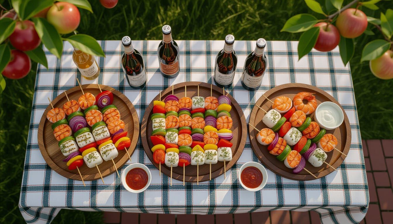 Charming Grilled Seafood Skewers on Victorian Tablecloth