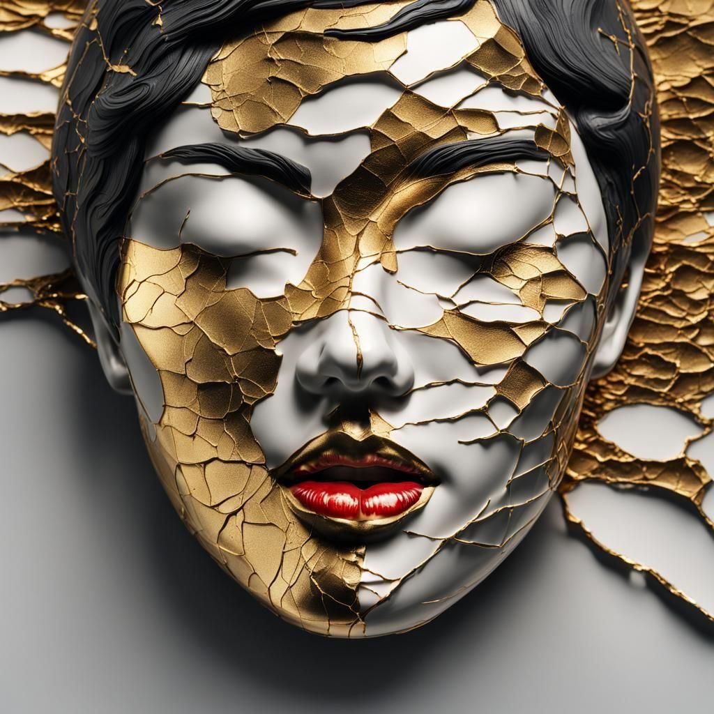 Perfect Imperfection. Kintsugi Woman.  Broken Ceramic Mask Fixed with Gold
