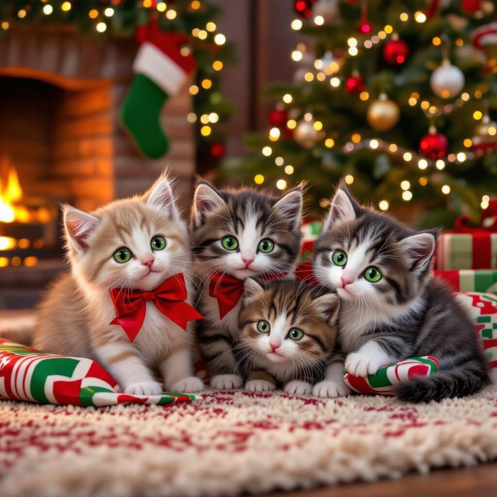 Playful Kittens in Cozy Christmas Scene, Pixar Style