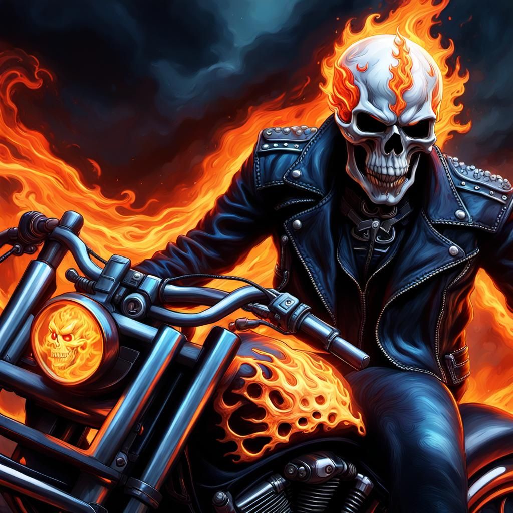 Ghost Rider close up by himself detailed matte painting, deep color, fantastical, intricate detail, splash screen, compl...