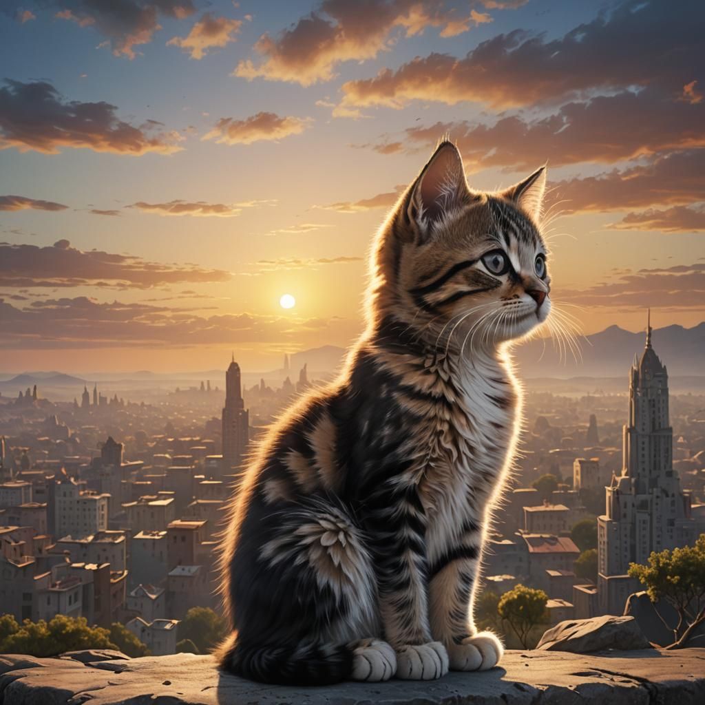 Kitten Watching Sunrise: Detailed Matte Painting