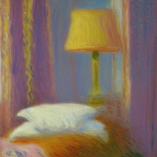 Impressionist Velvet Couch Scene with Soft Peach Hues