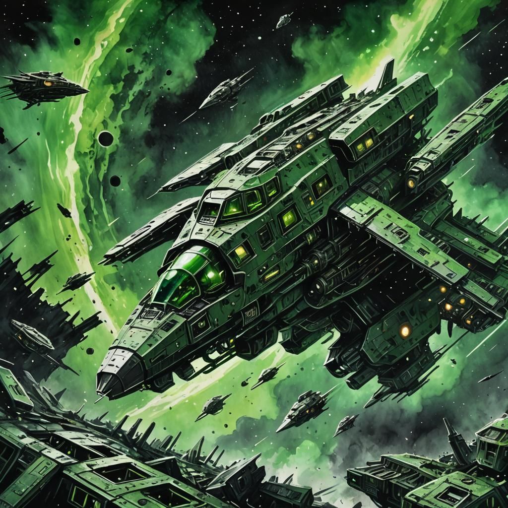 Dark Sci-Fi Space Battle in Ink Wash Painting Style