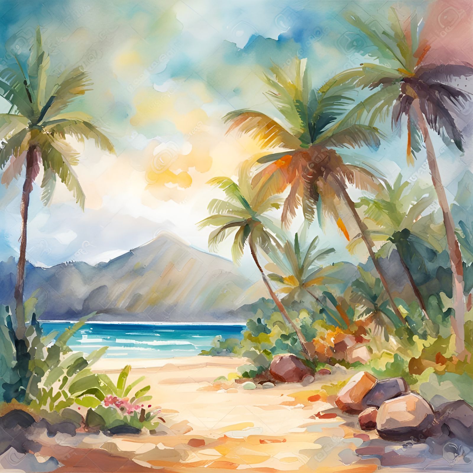 Hawaiian Beach Paradise in Gouache and Watercolor