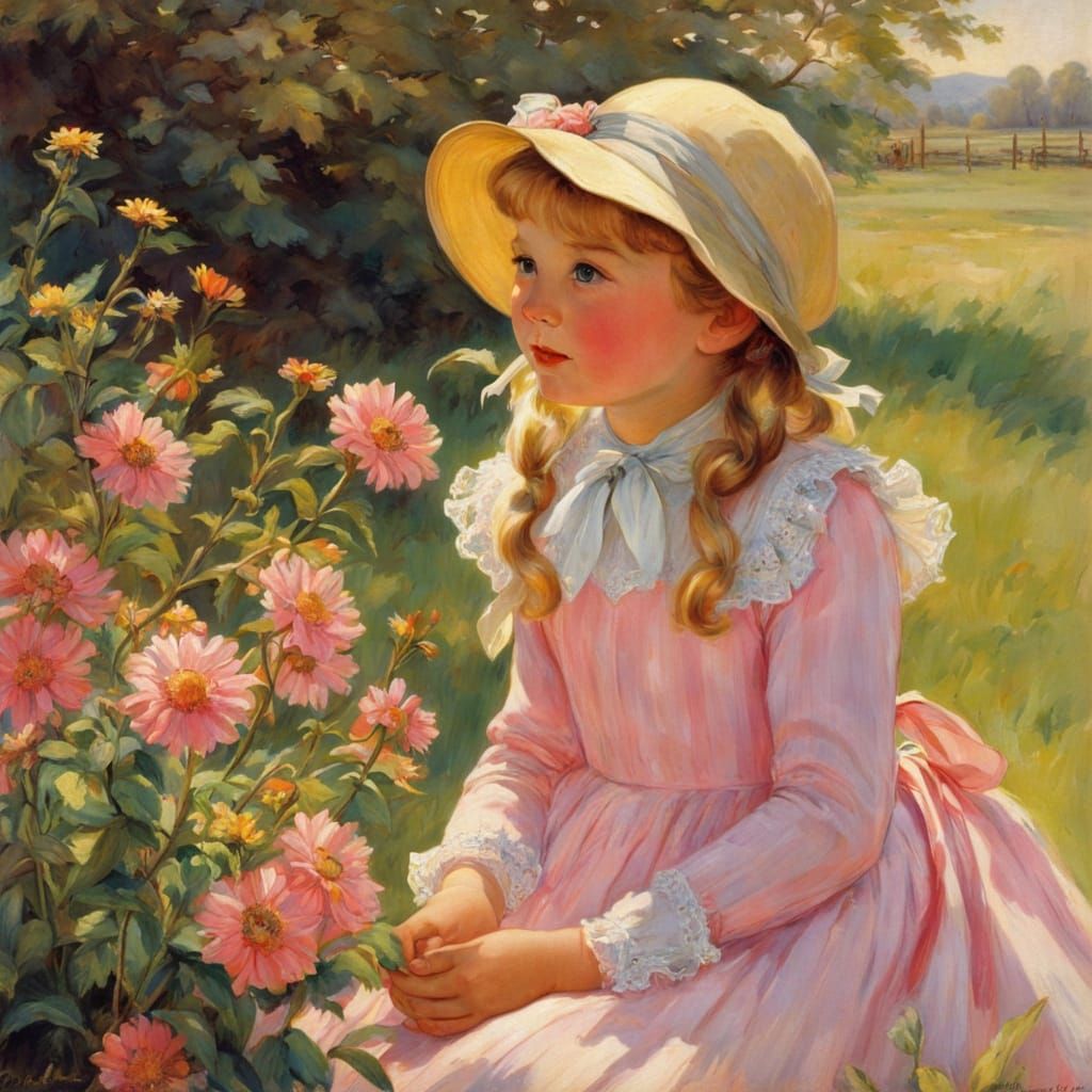 Little Girl in Pink Dress in Impressionist Field