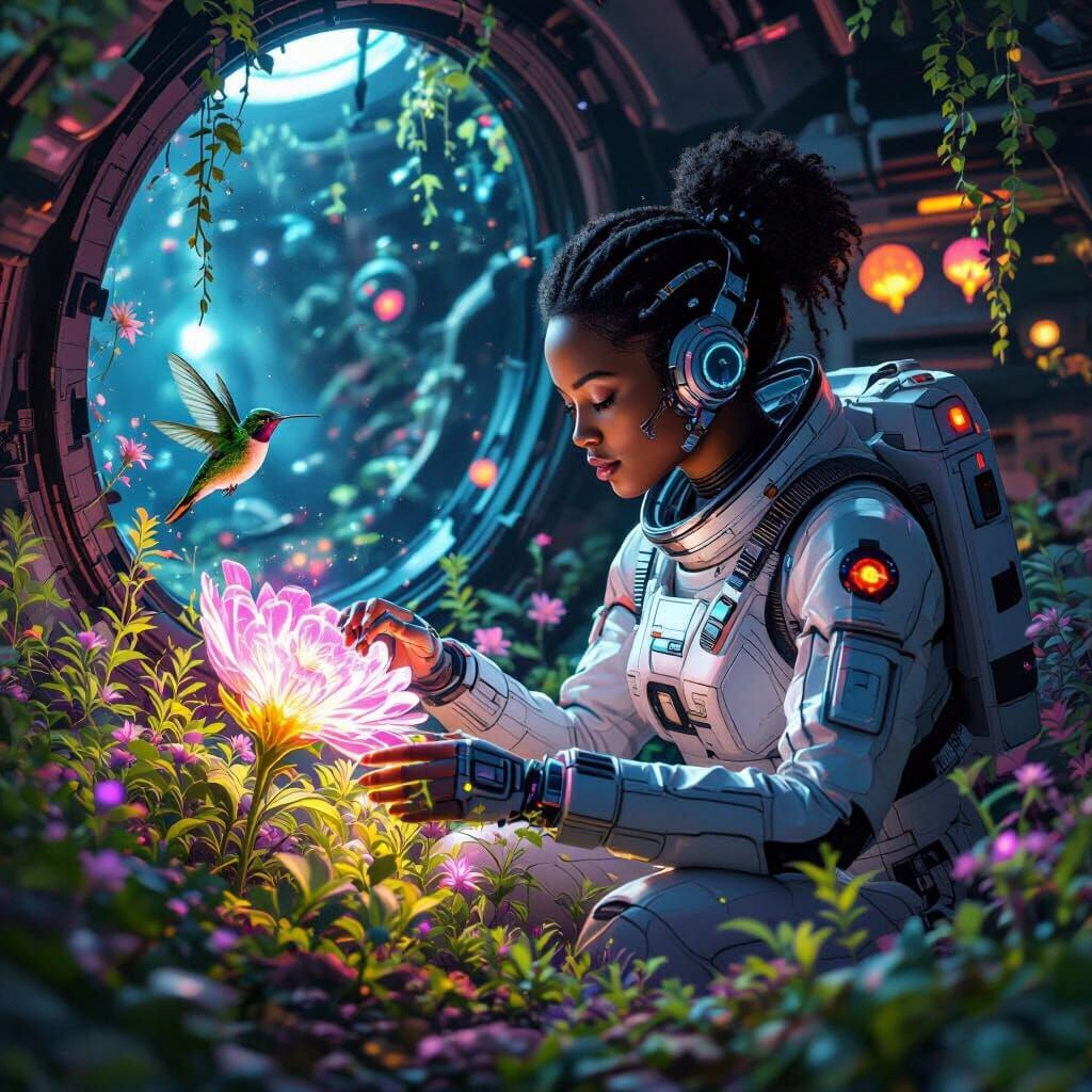 Astronaut's Bioluminescent Garden in Derelict Spaceship