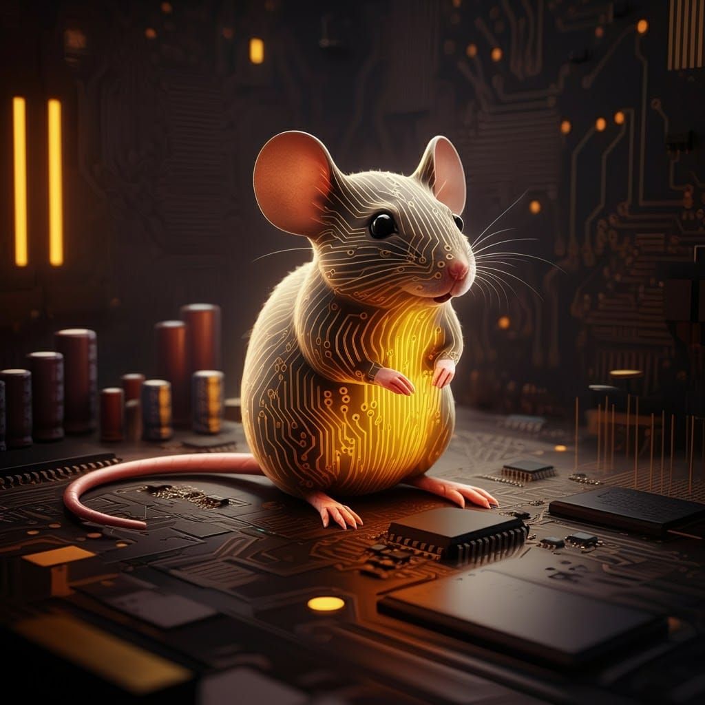 Adorable Chibi Circuit Mouse on Computer Board
