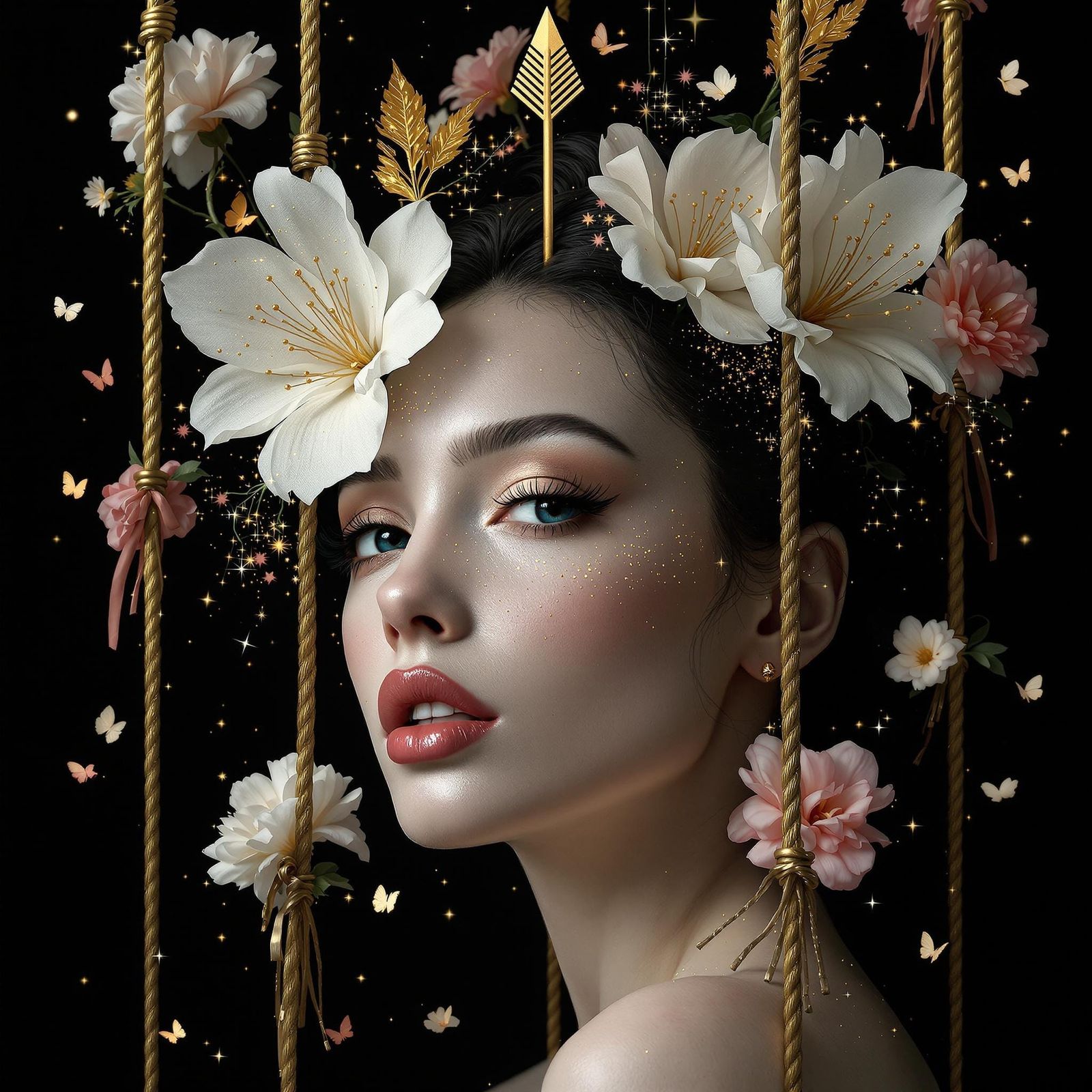 A surreal, digital artwork of an elegant woman with flowers ...