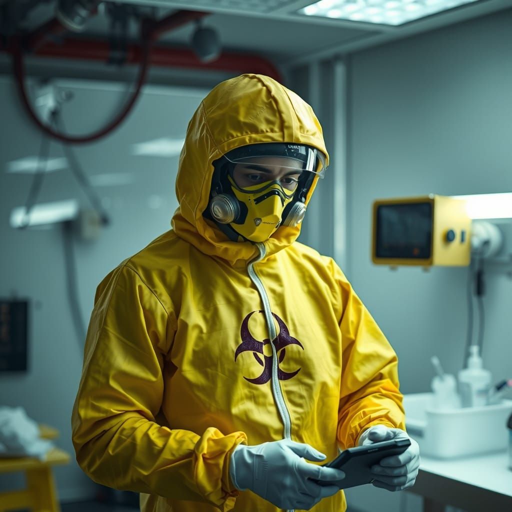 Kara in Biohazard Suit in Dystopian Lab
