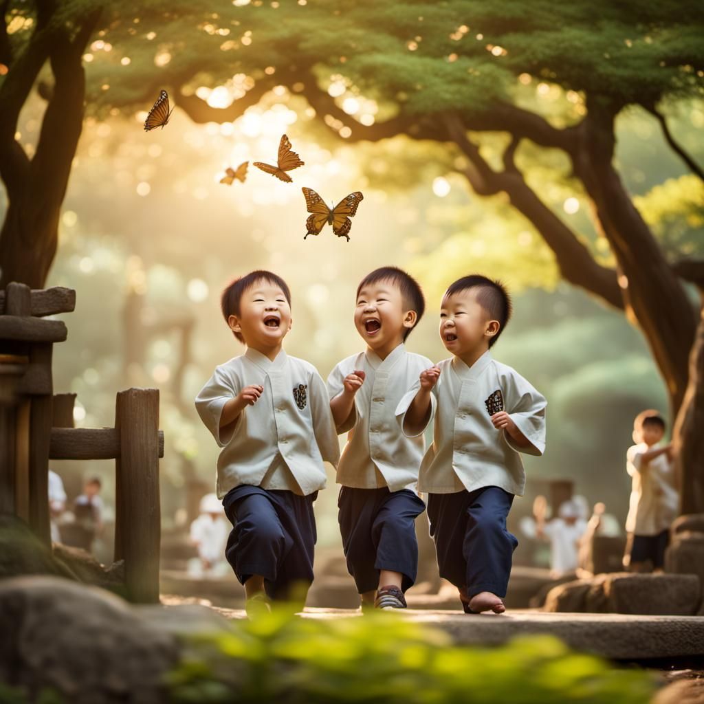 Chinese Boys' Joyful Play at Shinto Shrine