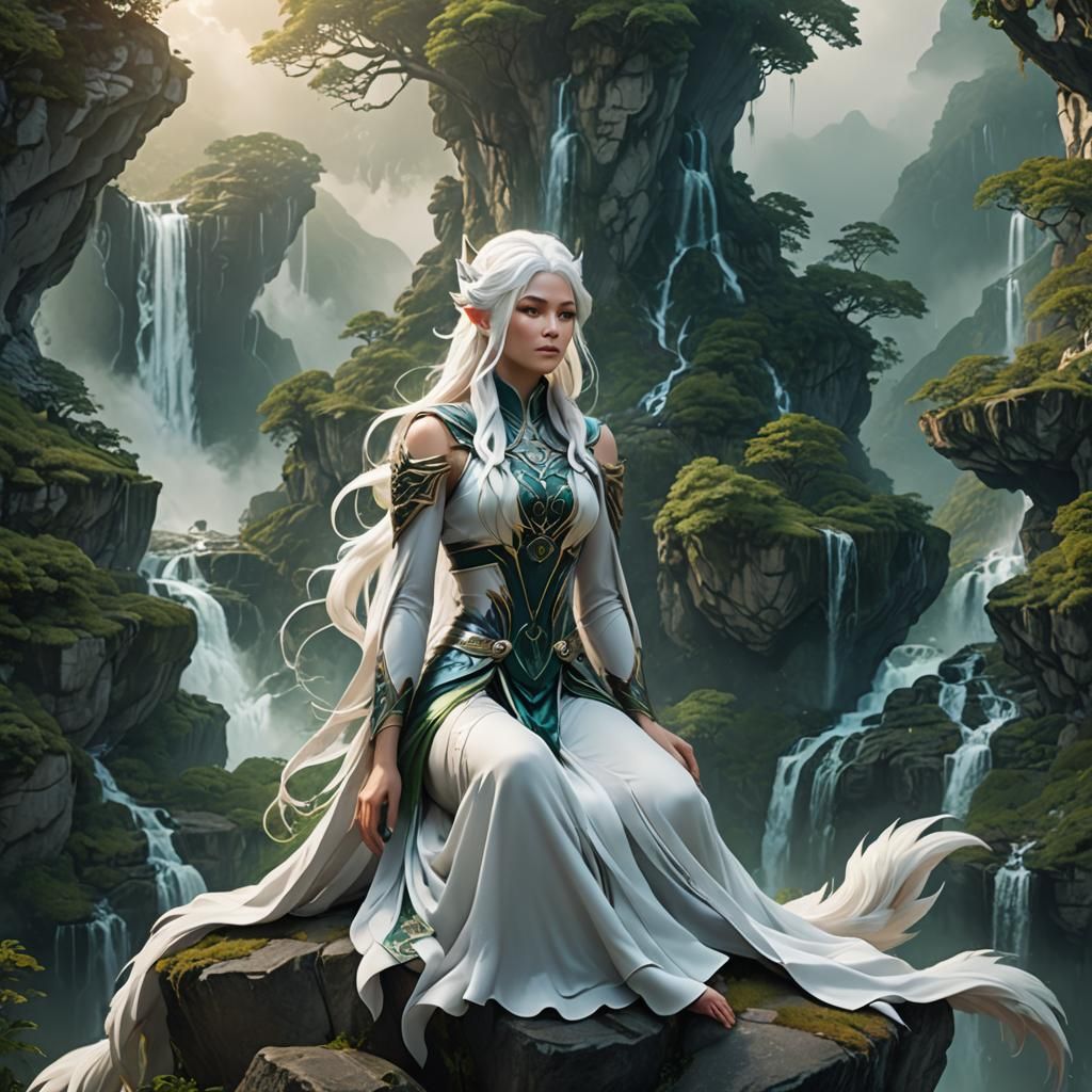 Nine-Tailed Fox Woman in Lush Fantasy Landscape