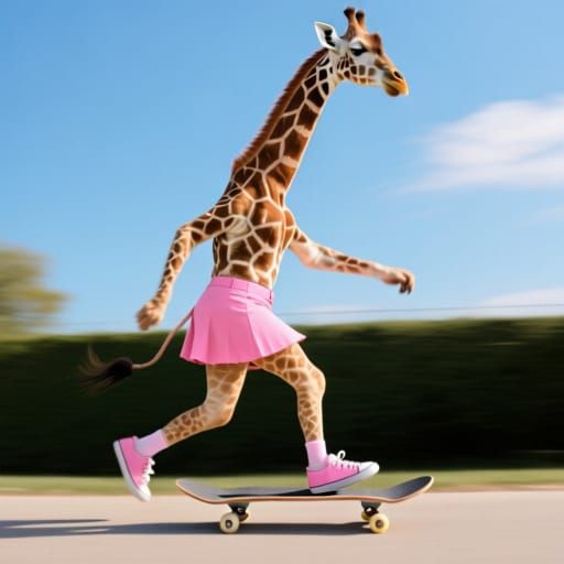 Giraffe in Pink Skirt Skateboarding