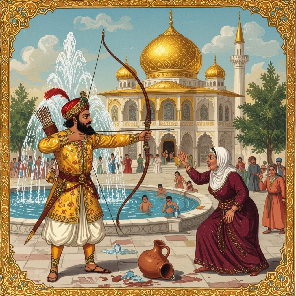 Prince with Bow and Arrow Before Ornate Palace