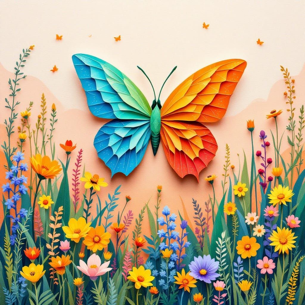 Whimsical Kirigami Butterfly Soars in Vibrant Sunrise Hues