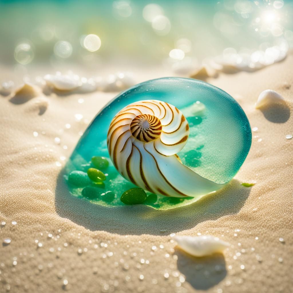 Nautilus Shell and Sea Glass Underwater Scene