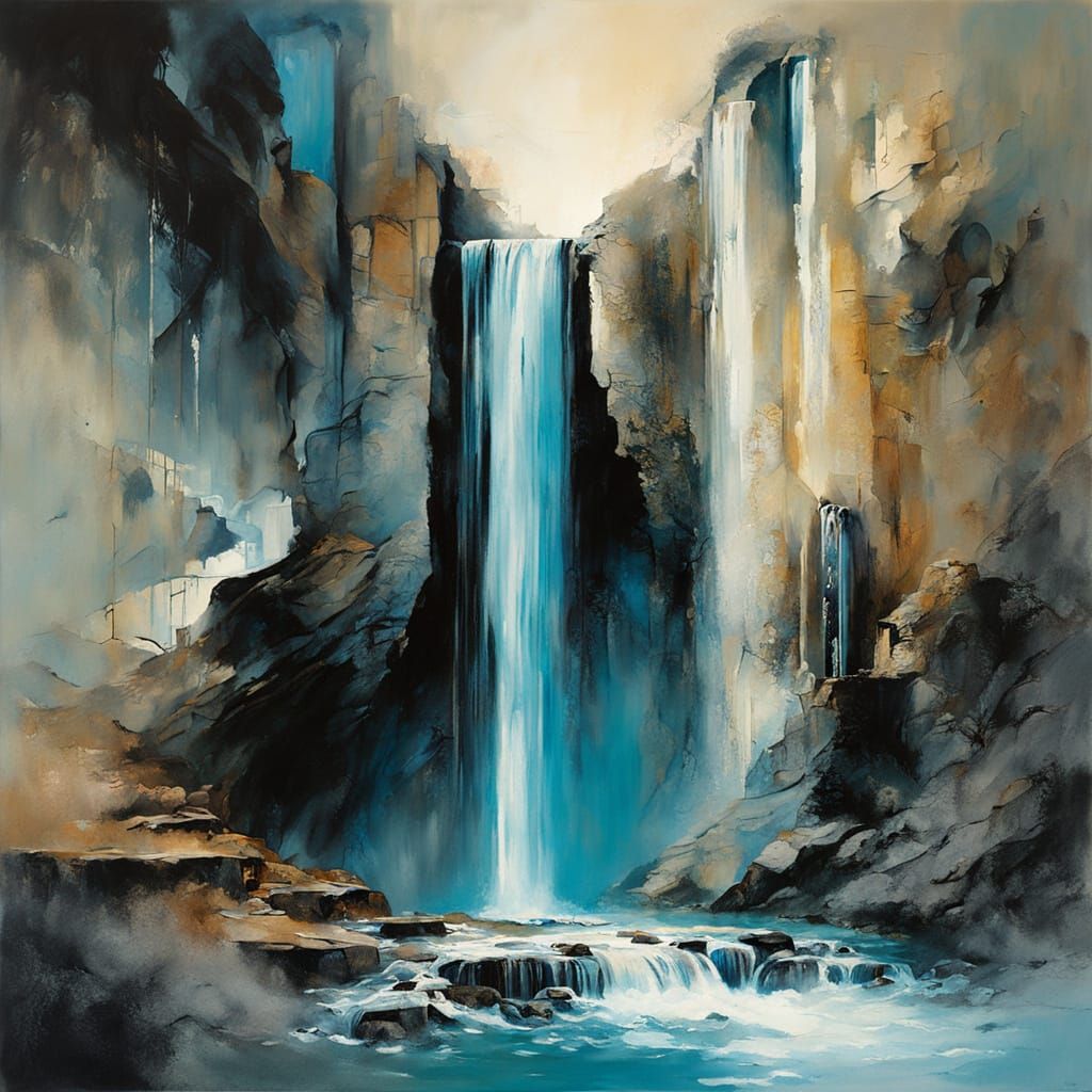 Waterfall Flows from Cupboard: Modern Acrylic Painting